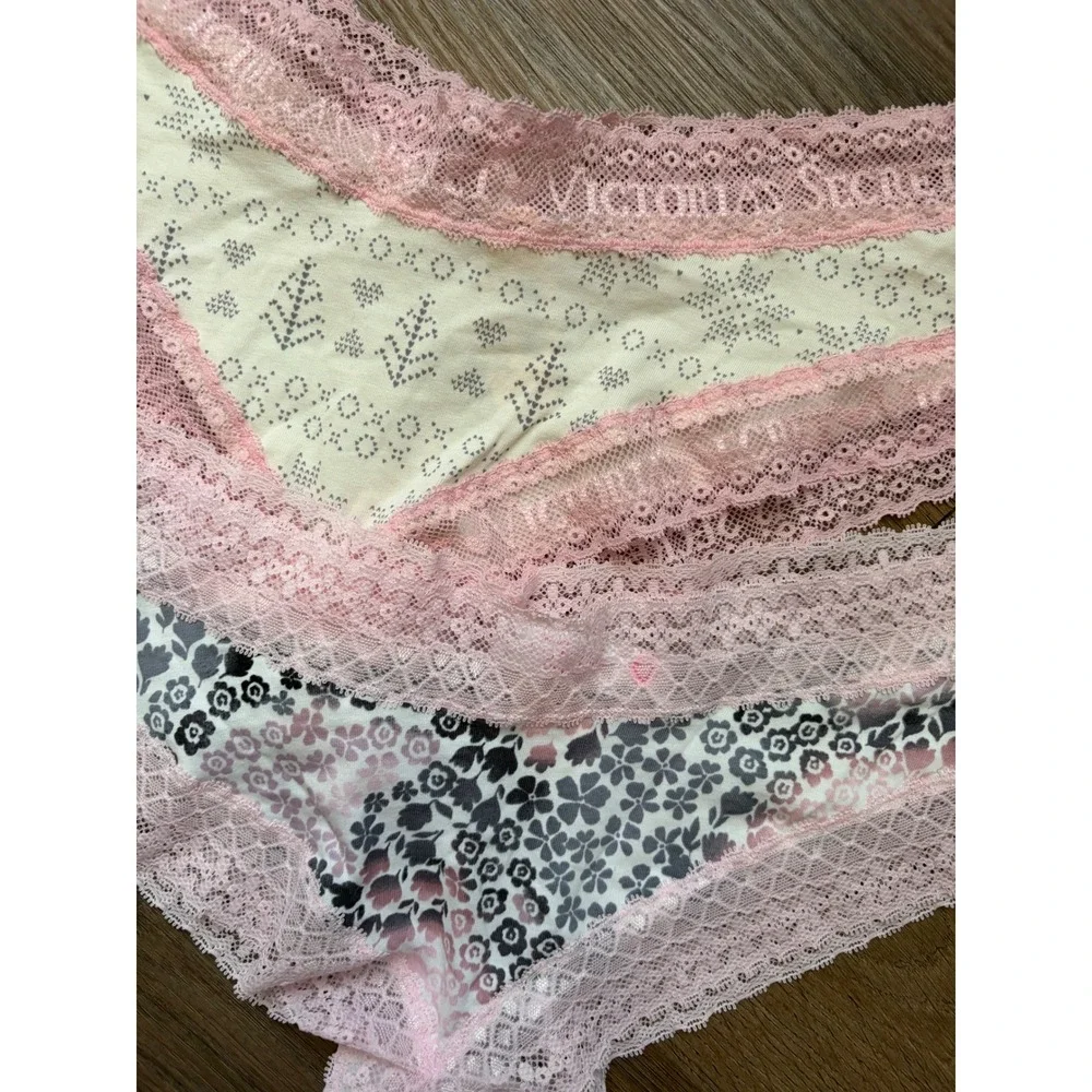 Victoria's Secret Cotton Lingerie Lace Trim Bikini Panties‎ 2pk Pink Floral L